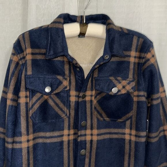 Eddie Bauer Boys XL Faux Shearling Lined Fleece Plaid Navy Brown Ivory Shacket - Picture 3 of 12